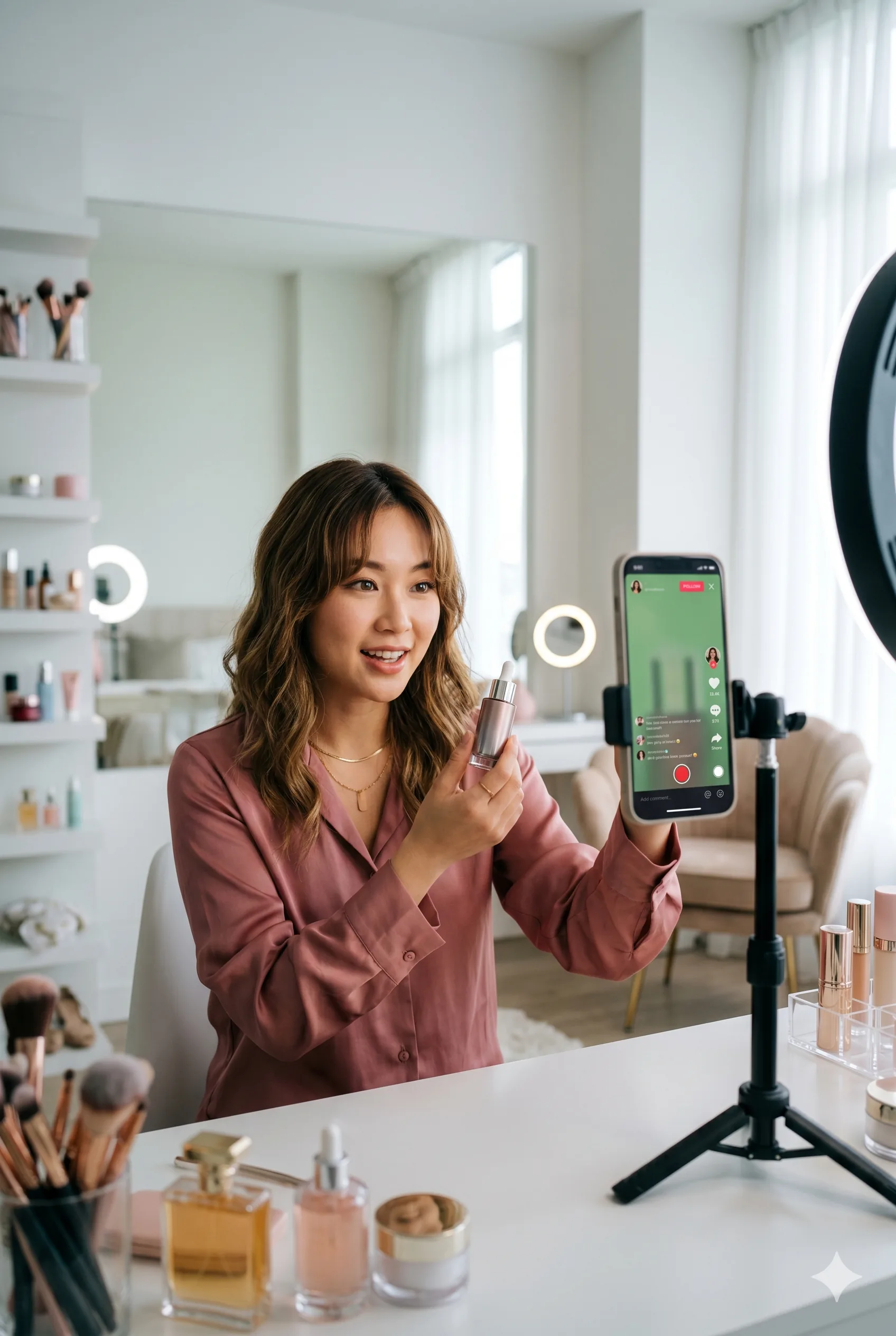 K-Beauty 셀러가 TikTok 라이브 방송으로 화장품을 소개하며 미국 소비자 대상 판매하는 모습